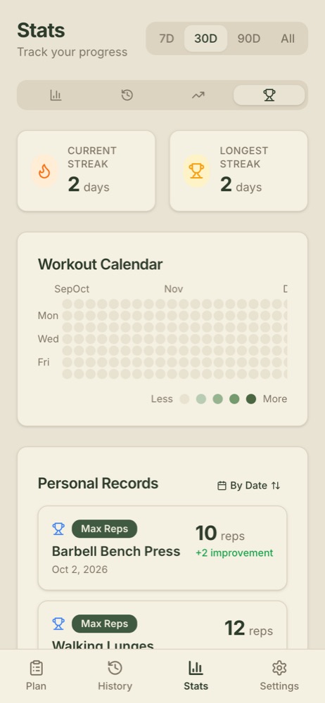 Splitz records tab showing streaks, training calendar, and personal records per exercise.